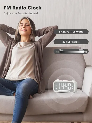 Miniatura 4 de Mesqool Reloj despertador con altavoz Bluetooth, radio FM, reloj despertador para dormitorio con cargadores USB, atenuador y 12/24 horas, Blanco