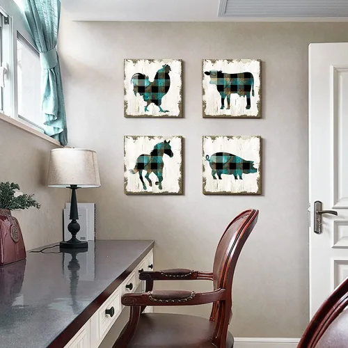 Miniatura 4 de SEVEN WALL ARTS 4 piezas de arte familiar retro de granja de moda, gallo de vaca, caballo y cerdo, impresiones de animales vintage, pintura verde