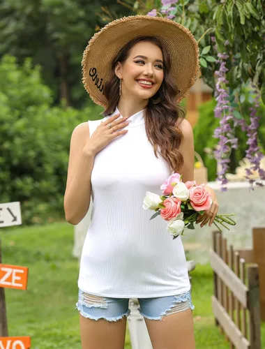 Miniatura 3 de HWOKEFEIYU Camiseta sin mangas de verano para mujer con cuello alto falso