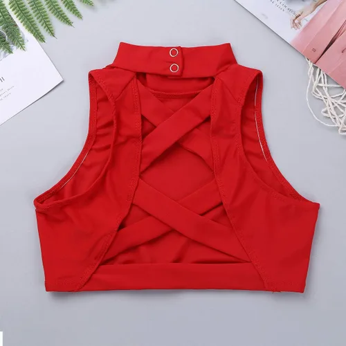 Miniatura 4 de Hularka Camiseta sin mangas con cuello alto falso y espalda cruzada para niños y niñas, camiseta deportiva deportiva para yoga y baile