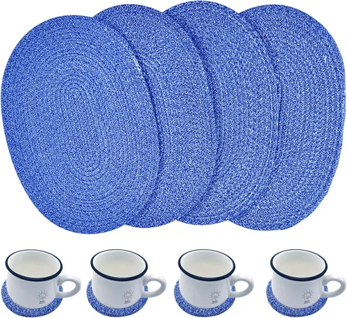 Miniatura 24 de Paquete de 4 manteles individuales de tejido ovalado y juego de 4 posavasos redondos de tela, manteles resistentes al calor, antideslizantes, Negro