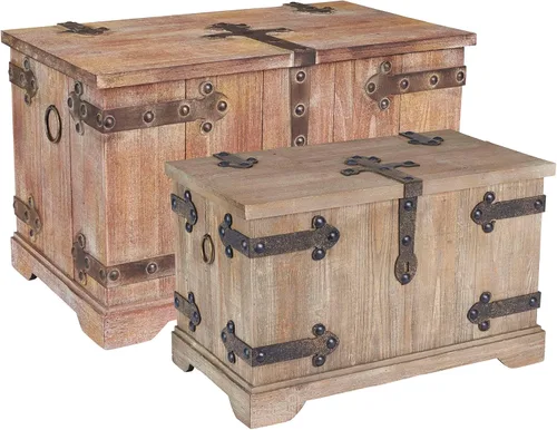 Household Essentials 2 piezas de baúles decorativos, set victoriano, pequeño y grande, madera de abeto chino, acabado de madera envejecida con