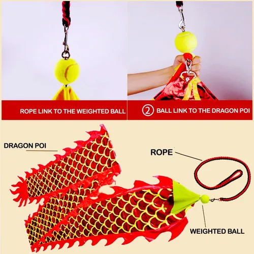 Miniatura 2 de DSJUGGLING Dragón Poi 3D con bola pesada de 4.94 oz y cuerda de columpio de 3.6 ft – Serpentina de cinta de dragón dorado chino de seda fluida