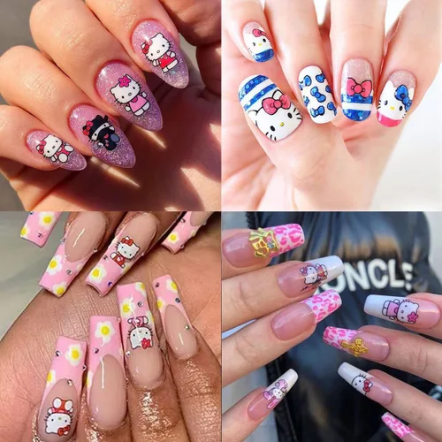 Miniatura 4 de Calcomanías de uñas bonitas, 8 hojas de calcomanías de uñas de dibujos animados kawaii 3D, autoadhesivas, diseño de gato, dijes de uñas acrílicas