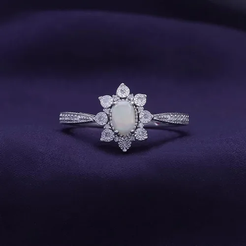 Miniatura 2 de Anillo de compromiso de ópalo blanco natural de corte ovalado de 0.236 x 0.157 in con marco de explosión de sol de diamante, anillo de compromiso