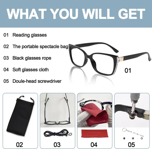 Miniatura 6 de OCCI CHIARI Gafas de lectura modernas de marco grande para mujeres lectores cuadrados (negro 1.0x) 1.0 1.25 1.5 1.75 2.0 2.25 2.5 2.75 3.0 3.5 4.0