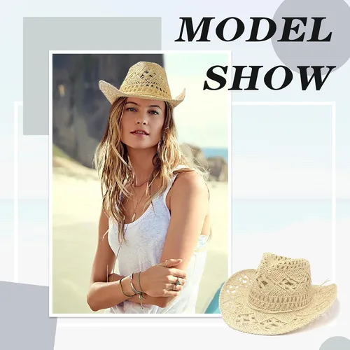 Miniatura 5 de Sombreros de vaquero de paja para mujer, sombrero de vaquera occidental brillante para fiestas de vacaciones, sombrero de sol plegable
