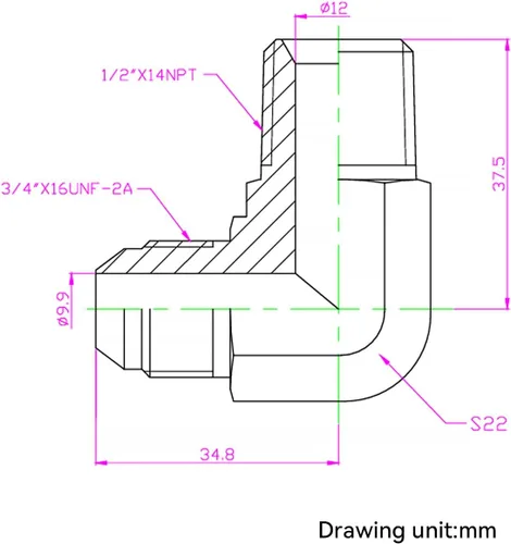 Miniatura 3 de HFS (R) 1/2" macho NPT a 1/2" macho JIC codo 90° Flare tubería de acero inoxidable 304 (1/2" MNPT x 1/2" MJIC)