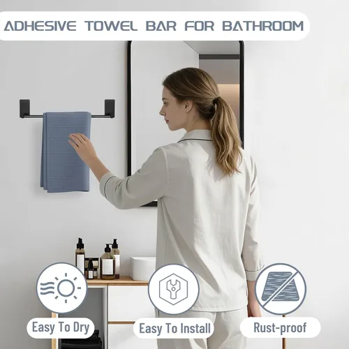 Miniatura 3 de Alise Toalleros para baño, barra para toallas adhesiva de acero inoxidable SUS 304 de 12 pulgadas sin taladro, toallero negro mate de fuerte