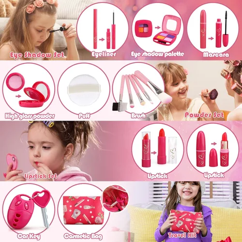 Miniatura 3 de Woumserta Kit de maquillaje de simulación para niños de 3 a 5 años, juego de maquillaje falso azul o beige para niñas pequeñas, regalos
