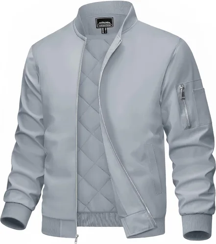 Miniatura 12 de MAGCOMSEN Chaqueta bomber para hombre, casual, resistente al viento, acolchada, con cremallera completa, cortavientos, chaqueta universitaria cálida