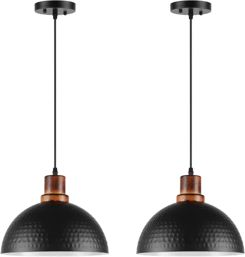 Paquete de 2 luces colgantes negras y de madera, lámpara colgante de cúpula de metal martillado de 11.8" moderna, iluminación colgante negra para