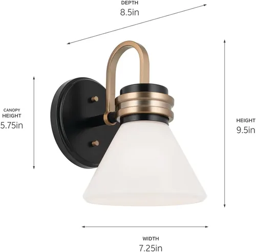 Miniatura 3 de Kichler Farum 55153BK - Aplique de pared con 1 luz, luz moderna con cristal ópalo en negro con bronce champán, clasificación húmeda, para entrada