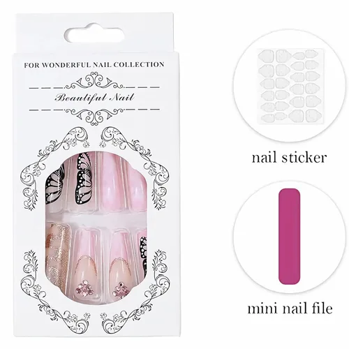 Miniatura 7 de Uñas postizas largas a presión con forma de ataúd, uñas postizas de bailarina, mariposa rosa, diamantes de imitación, uñas acrílicas con purpurina