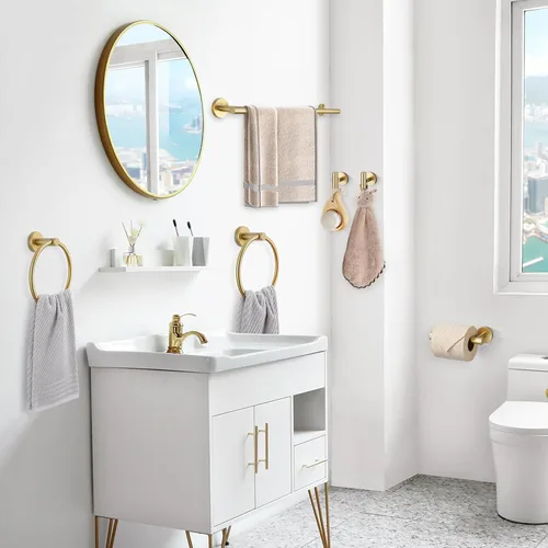 Miniatura 7 de TQKAG Juego de Herrajes de Baño de Oro Cepillado de 6 Piezas Juego de Accesorios de Baño Barra de Toallas Redonda de Acero Inoxidable de 23.6