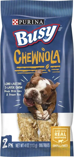 Purina Busy Huesos de perro de raza mediana y mediana de cuero crudo, Chewnola con avena y arroz integral - Bolsa de 2 unidades