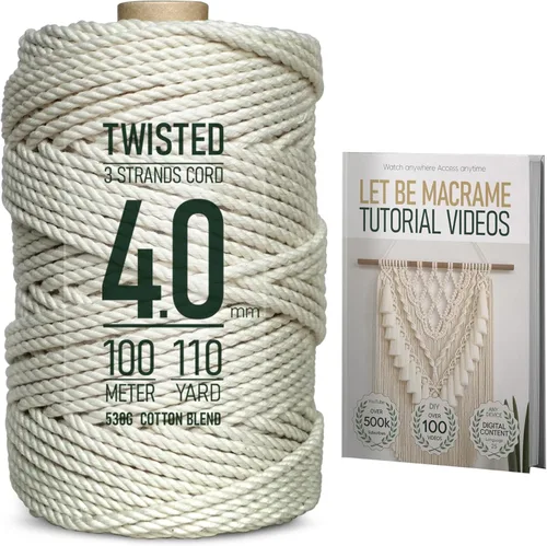 Cordón de macramé de 0.157 in x 110 yardas, videos tutoriales fáciles, cuerda de mezcla de algodón trenzado de alta calidad, color natural para