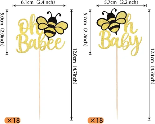 Miniatura 3 de Rsstarxi Paquete de 36 adornos para cupcakes Bee Oh Babee con purpurina Bumble Bee Oh Baby para cupcakes, decoración de pasteles de baby shower