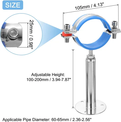 Miniatura 2 de uxcell Soporte de tubería de acero inoxidable, montaje en pared, soporte de tubo de montaje en techo, altura ajustable de 3.937-7.874 in para tubo