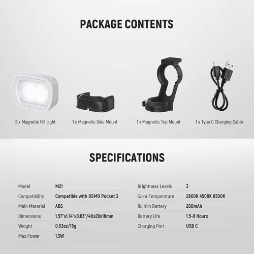Miniatura 9 de NEEWER Basics - Paquete de 2 luces auxiliares magnéticas compatibles con DJI OSMO Pocket 3 Gimbal Camera Creator Combo, USB C recargable, accesorio