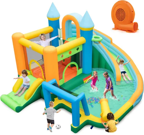 Miniatura 11 de HONEY JOY Tobogán acuático inflable, casa de rebote de agua gigante 8 en 1 y parque acuático con toboganes, escalada, piscina de chapoteo, toboganes