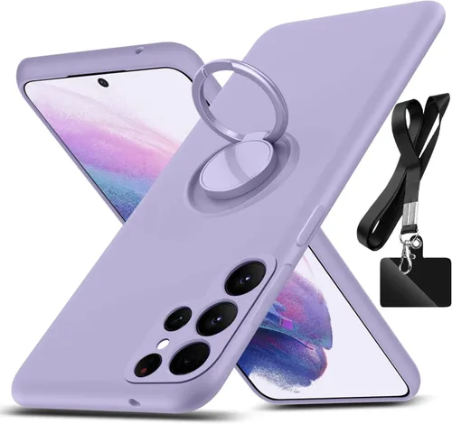 Miniatura 8 de Funda para Galaxy S22 Ultra, con soporte de anillo giratorio de 360° y correa de silicona líquida, delgada, a prueba de golpes, funda protectora Azul