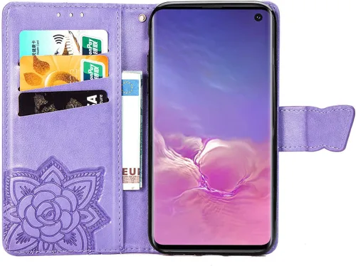 Miniatura 5 de Funda protectora de piel sintética para Samsung Galaxy S10e, con tapa y ranura para tarjetas, bolsillo en relieve, diseño de flores y mariposas