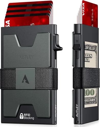 AUTLEY Portatarjetas delgado, billetera minimalista desplegable para hombres, con bloqueo RFID y banda para efectivo (negro)