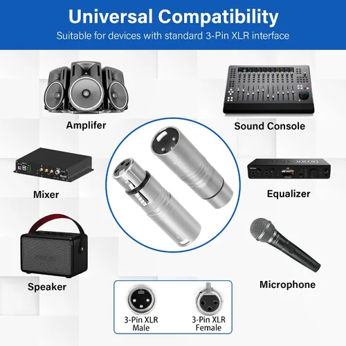 Miniatura 5 de Adaptador de micrófono XLR 2 unidades, 3 pines XLR macho a hembra, convertidor de conector de extensión de audio para altavoz, mezcladores,