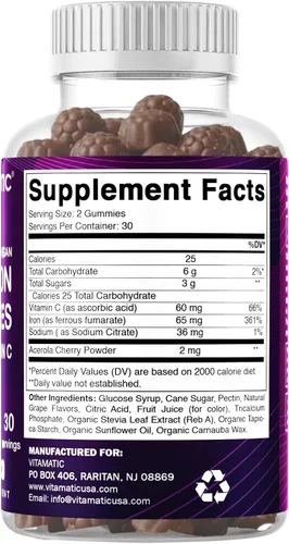 Miniatura 8 de Vitamatic Suplemento de gomitas de hierro de 65 mg para mujeres y hombres, 60 gomitas veganas, vitaminas de gomitas de hierro de gran sabor