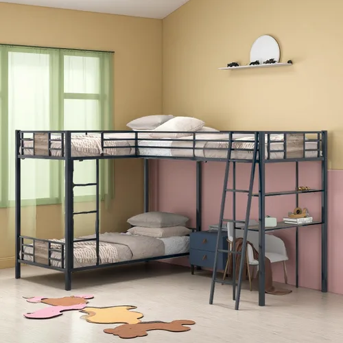 Miniatura 11 de SOFTSEA Literas triples de metal para adolescentes, litera en forma de L individual sobre individual para 3 niños, individual sobre individual sobre