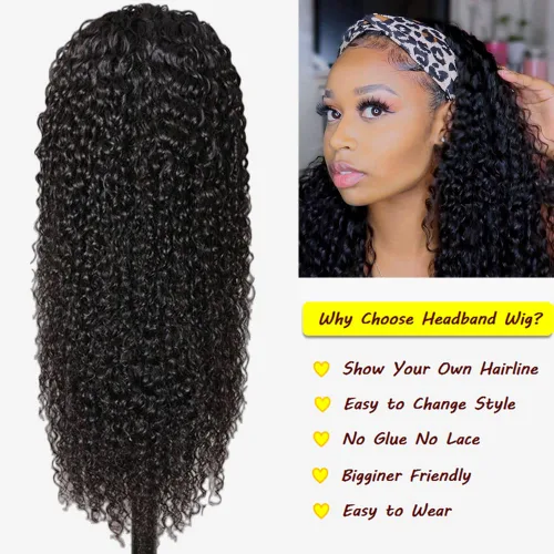 Miniatura 3 de Peluca rizada con diadema de cabello humano sin encaje frontal, pelucas rizadas para mujeres negras, cabello humano sin pegamento, 100% cabello