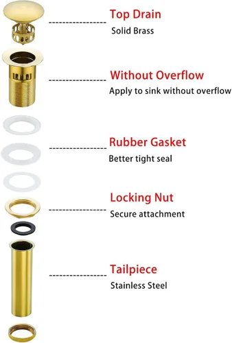 Miniatura 4 de Desagüe desplegable para lavabo de baño con desbordamiento, tapón de tocador de lavabo dorado oscuro cepillado, tapón de estilo rebote de latón