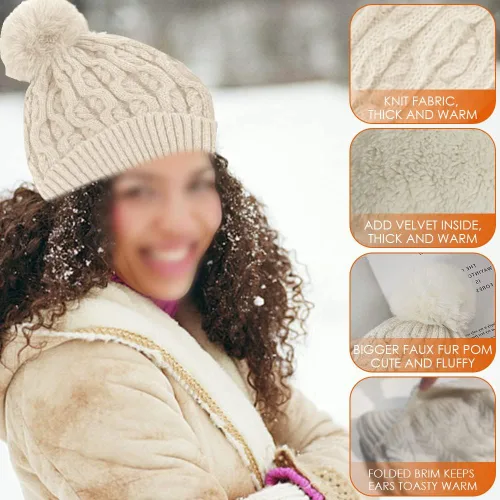 Miniatura 4 de OLizee Conjunto de bufanda y mitones de invierno para mujer, gorro de punto de calavera con pompones de piel sintética
