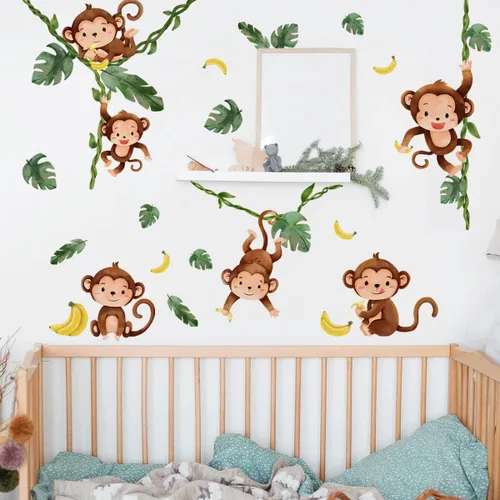 Runtoo Calcomanías de pared de árbol trepador de mono, animales de la selva, calcomanías de arte de pared para dormitorio de niños, guardería y Mono
