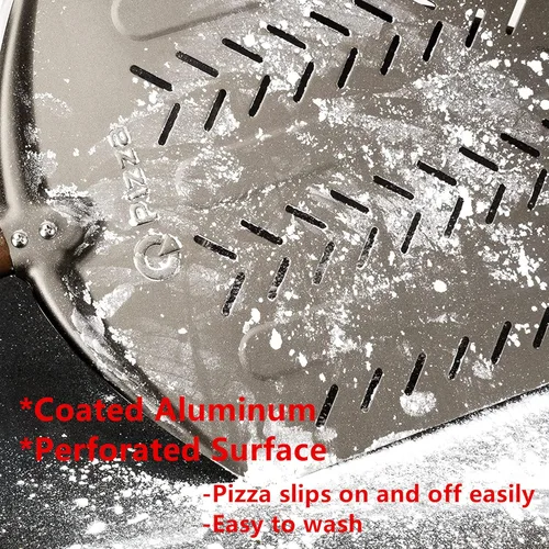 Miniatura 8 de Pala redonda de aluminio perforado de 12 x 14 pulgadas para pizza, dorado, aluminio, antiadherente, fácil de limpiar, adecuada para todas