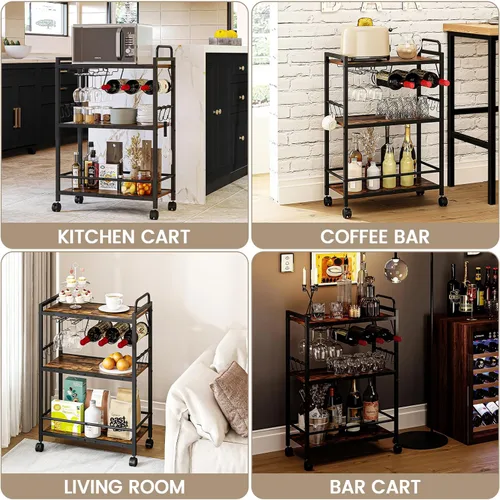 Miniatura 3 de Carrito de bar, carrito de servir para el hogar, carrito de microondas, carrito de bebidas, estante de cocina móvil con estante para vino y soporte