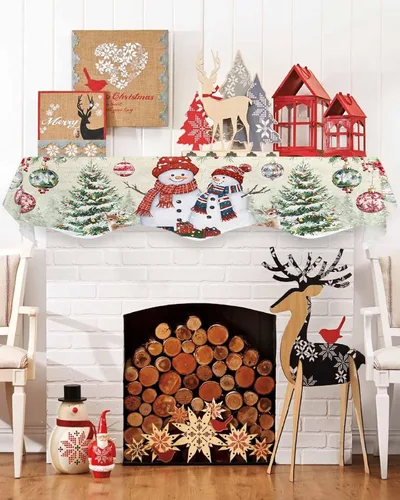 Daleng Bufanda de repisa de Navidad para chimenea, 60 x 17 pulgadas, muñeco de nieve rojo, bola de Navidad verde, árbol de pino floral, decoración