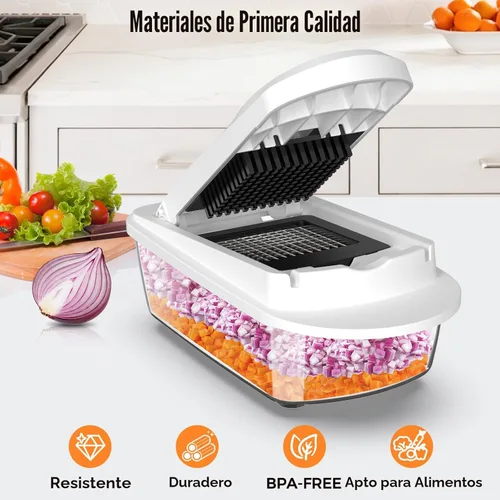 Miniatura 3 de Picador de verduras todo en uno de 8 cuchillas con contenedor, picador de alimentos, picador de cebolla, cortador de verduras para ensalada, Blanco