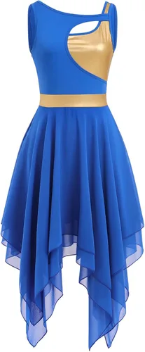 Miniatura 5 de AFAVOM Disfraz de baile lírico para mujer, vestido de lentejuelas con flores, falda asimétrica de tul fluida, disfraces de danza contemporánea