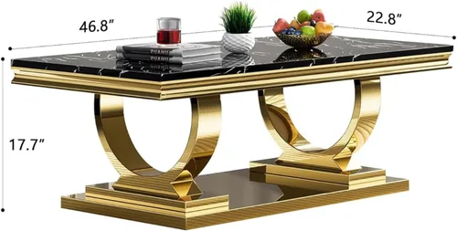 Miniatura 2 de Mesa de centro de mármol negro Henf de lujo, mesa auxiliar rectangular de mármol sintético de imitación con base de acero inoxidable dorado