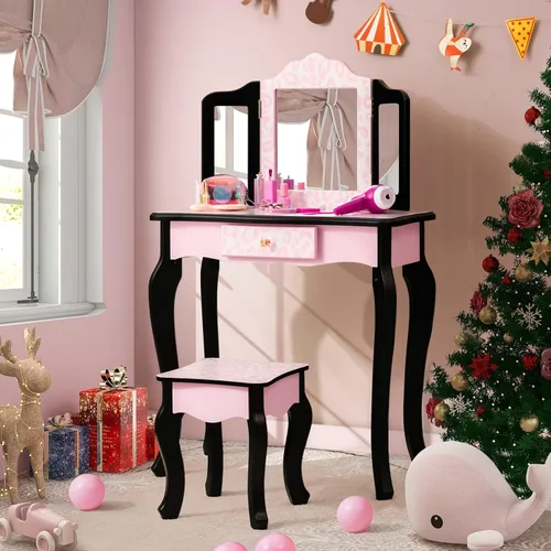 Costzon Juego de mesa y silla para niños, juego de tocador para niñas con espejo y taburete, cajón de almacenamiento, tocador de maquillaje de