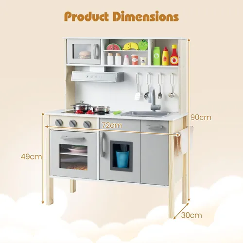 Miniatura 9 de HONEY JOY Juego de cocina para niños, cocina de madera para niños pequeños, microondas, campana extractora, máquina de hielo, 18 accesorios de Gris