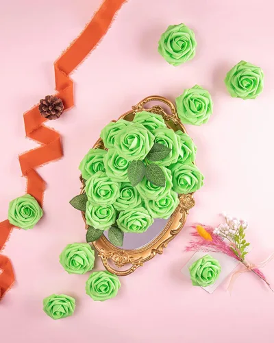 Miniatura 3 de DuHouse 25 rosas artificiales con tallos, flores de espuma de tacto real para bricolaje, ramo de boda, fiesta, centro de mesa, arreglo floral, Verde
