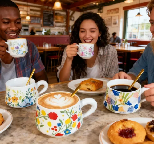 Miniatura 3 de Juego de 4 tazas de café, tazas de té de cerámica de 9 onzas, diseño floral vintage original, tazas de capuchino, tazas de café, tazas de té