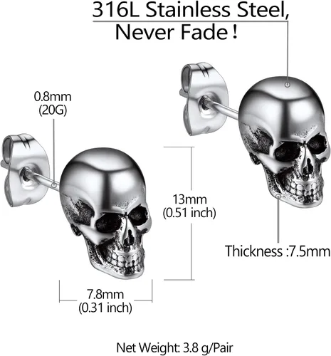 Miniatura 5 de Richsteel Aretes de calavera para mujer y hombre, góticos, de acero inoxidable, chapados en oronegro, pequeño aro punk de serpientedragón