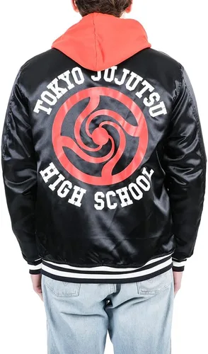 Miniatura 4 de Bioworld Jujutsu Kaisen TJHS Logo Men's Navy Hooded Satin Bomber Jacket