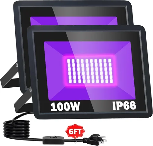 Miniatura 8 de Paquete de 2 luces LED negras de 200 W, IP66 impermeable para exteriores, luz negra con enchufe, interruptor, cable para fiesta de neón brillante