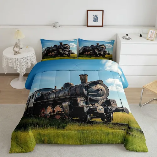 Miniatura 2 de Erosebridal Juegos de Edredón de Tren Tamaño Full, Juego de Ropa de Cama Retro con Motor de Vapor para Niños y Adolescentes, Juegos de Edredón