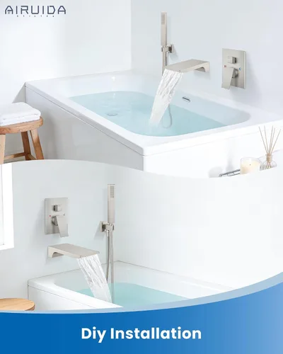 Miniatura 7 de Airuida Grifo de bañera de montaje en pared con boquilla de cascada, grifo de bañera montado en la pared con ducha de mano de una sola manija, juego